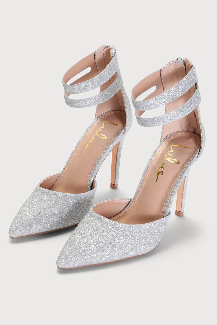 Glittery Silver Heels - Ankle Strap Heel - Stiletto Heels - Lulus