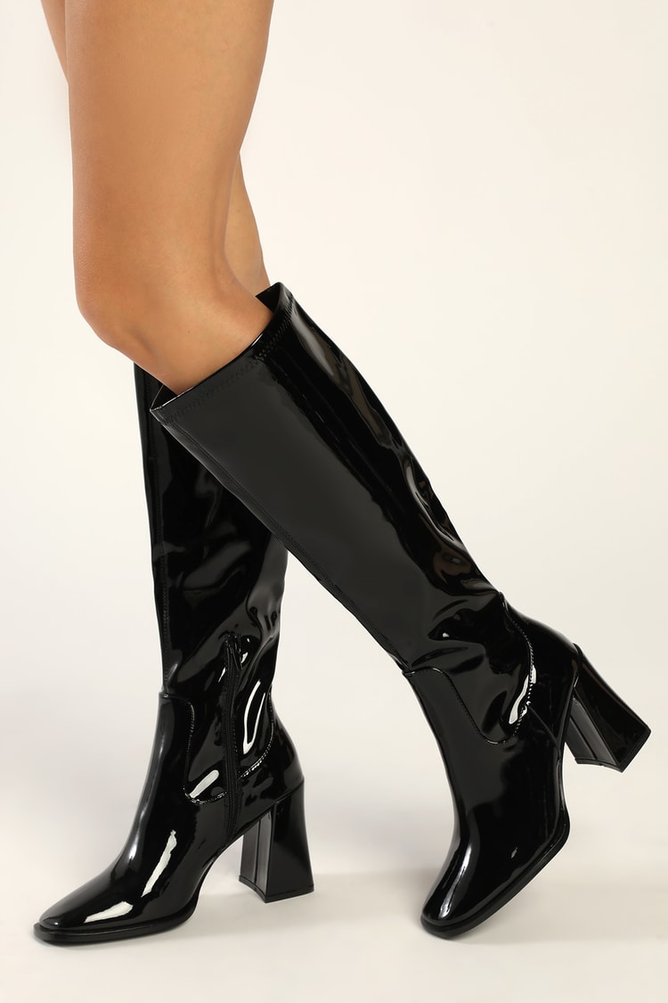 Shiny Black Patent Boots - Knee-High Boots - High Heel Boots - Lulus
