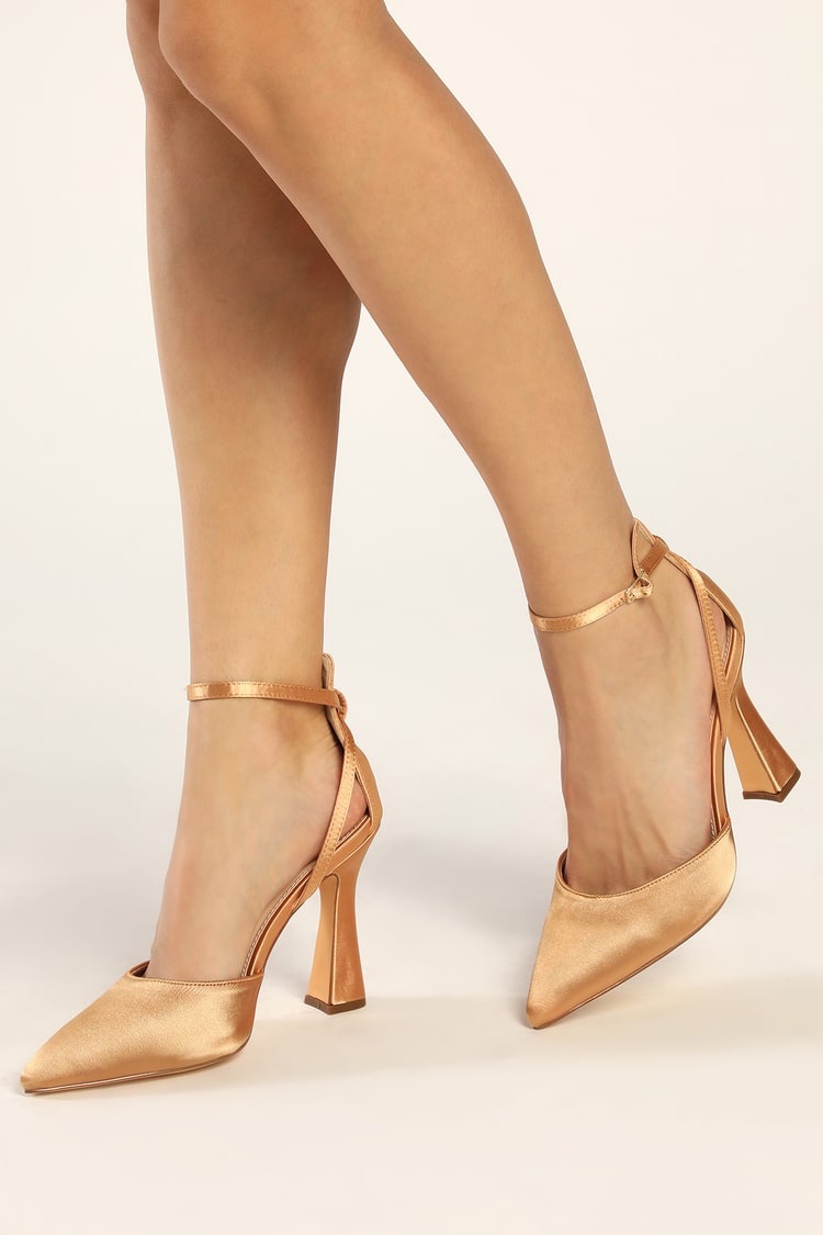 Gold Satin Heels - Gold Pointed-Toe Heels - Ankle Strap Pumps - Lulus