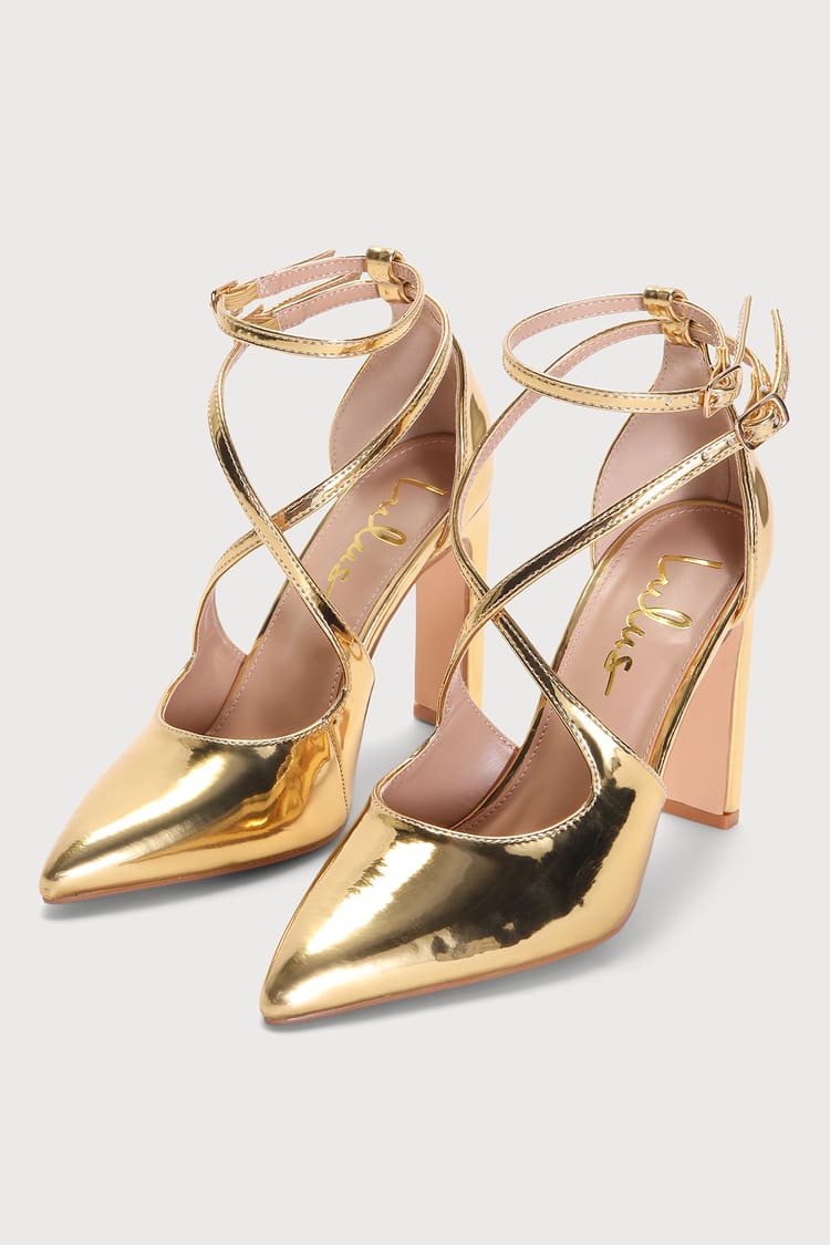 Strappy Heels - Gold Pointed-Toe Heels - Patent Leather Pumps - Lulus
