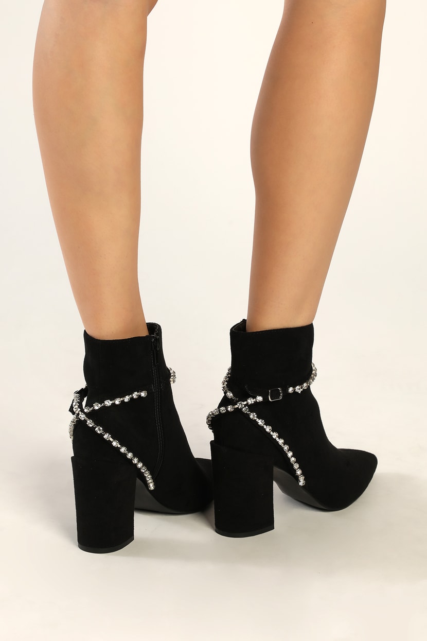 Cute Black Ankle Booties - Rhinestone Booties - Pointed-Toe Boots - Lulus