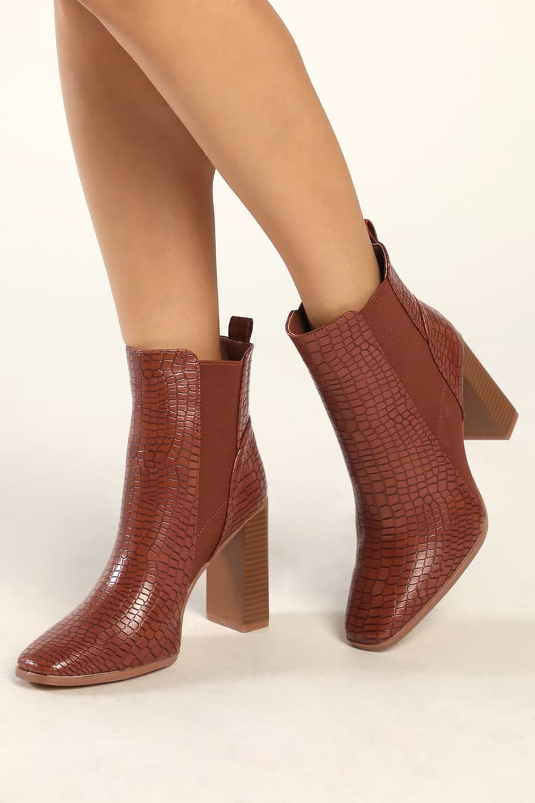 Brown Crocodile-Embossed Boots - Mid-Calf Boots - High Heel Boots - Lulus