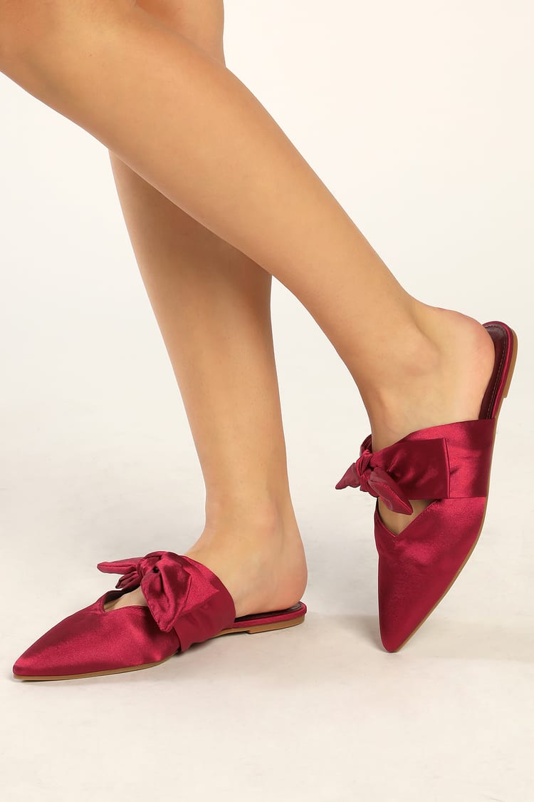 Wine Red Mules - Satin Mules - Pointed Toe Mules - Bow Mules - Lulus