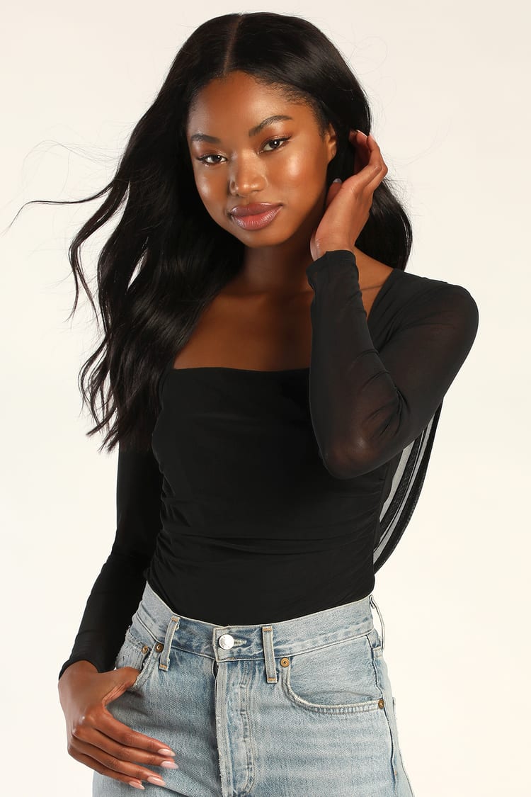Black Ruched Top - Long Sleeve Bodysuit - Women's Tops - Lulus