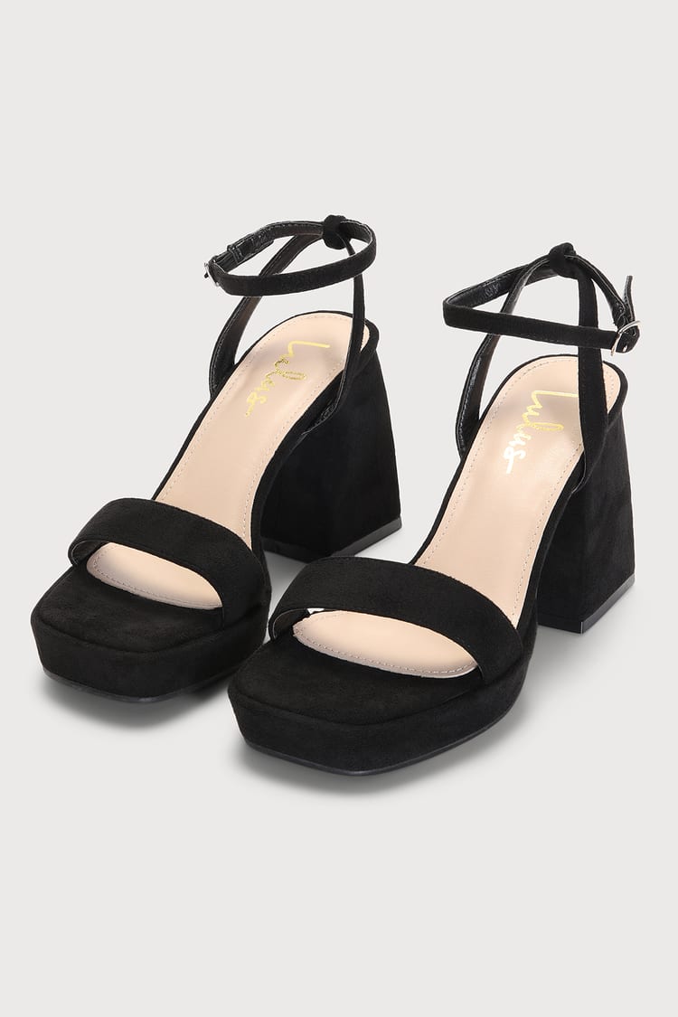 Black Ankle Strap Sandals - Faux Suede Heels - Block Heel Sandals - Lulus