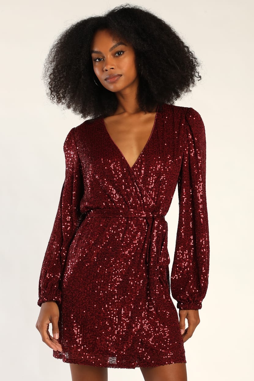 Burgundy Sequin Dress - Sequin Mini Dress - Wrap Sequin Dress - Lulus