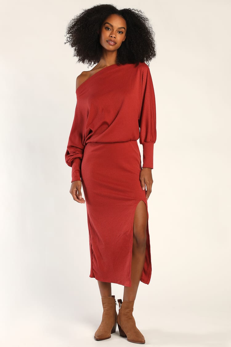 Rust Red Knit Dress - Off-the-Shoulder Dress - Ribbed Dress - Lulus