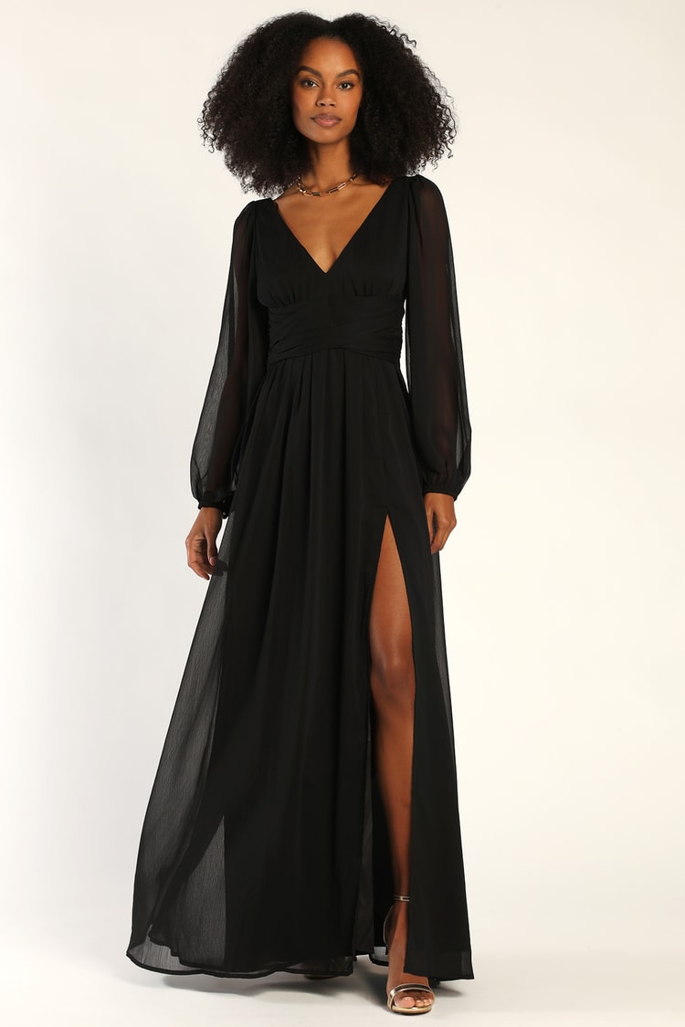 Black Maxi Dress - Long Sleeve Gown - V-Neck Maxi Dress - Lulus