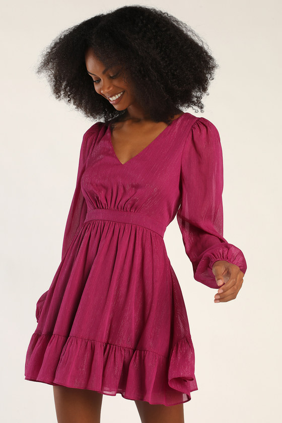 Magenta Lurex Mini Dress Skater Dress Long Sleeve Dress Lulus 