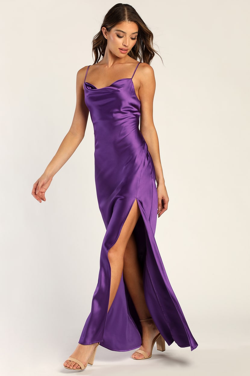 Purple Satin Dress - Satin Maxi Dress - Cowl Neck Maxi Dress - Lulus