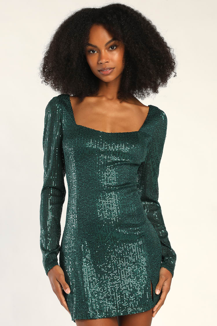 Green Sequin Dress - Mini Dress - Long Sleeve Cocktail Dress - Lulus