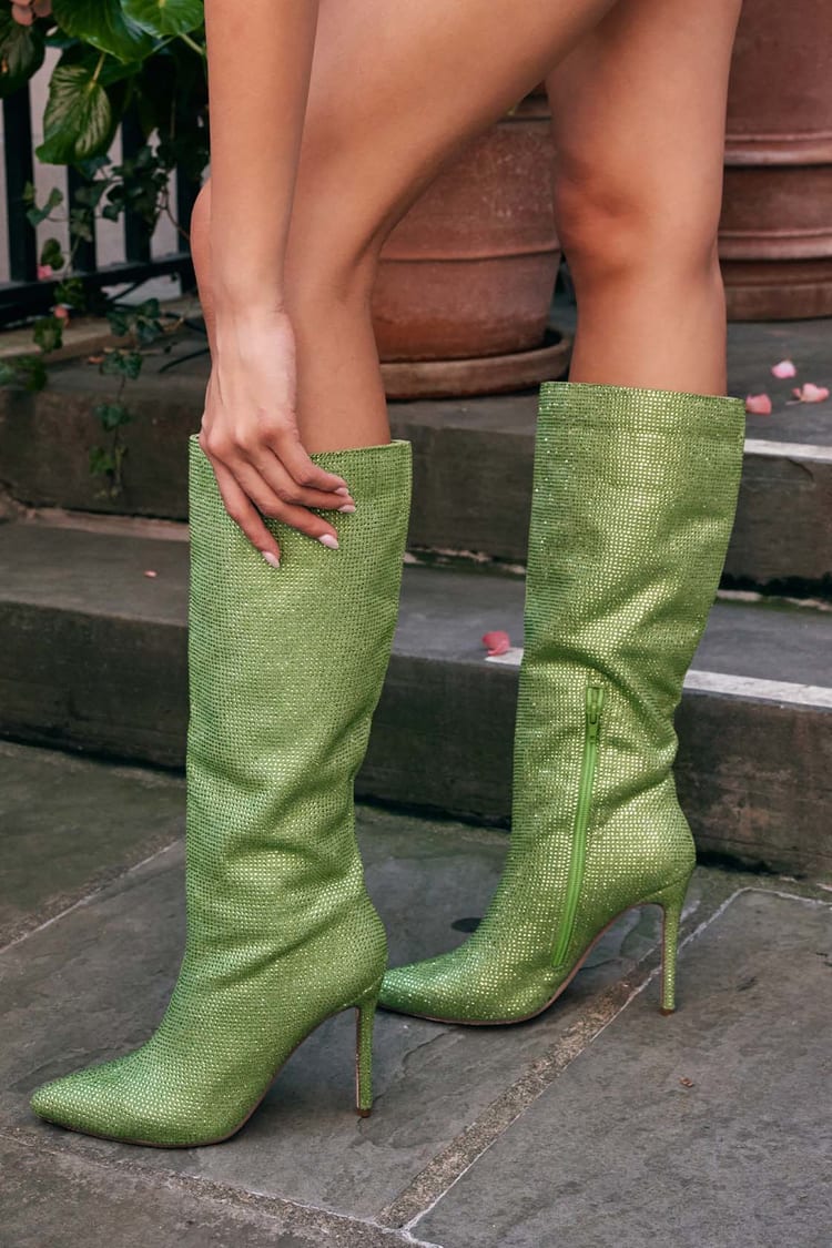 Rhinestone Boots - Knee-High Boots - Green Pointed-Toe Boots - Lulus