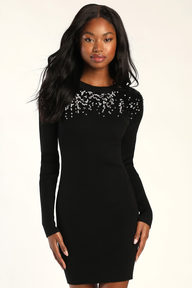 Cute Black Dress - Mini Sweater Dress - Sequin Sweater Dress - Lulus