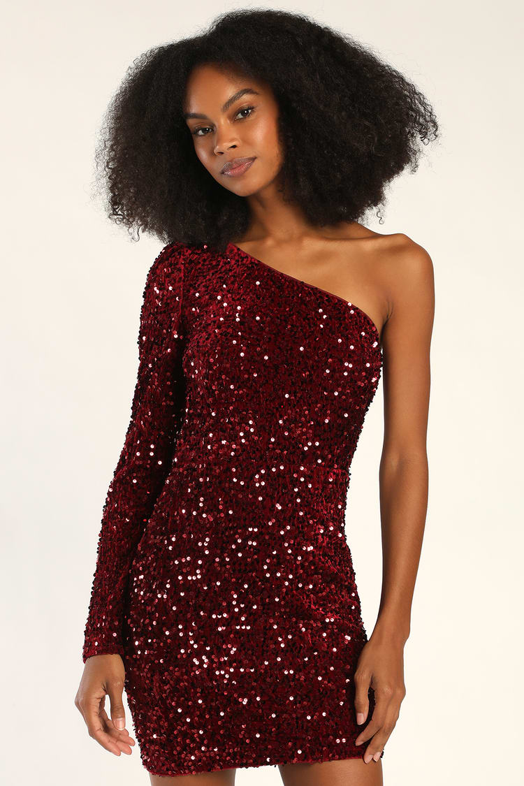 Burgundy Sequin Dress - One-Shoulder Dress - Bodycon Mini Dress - Lulus
