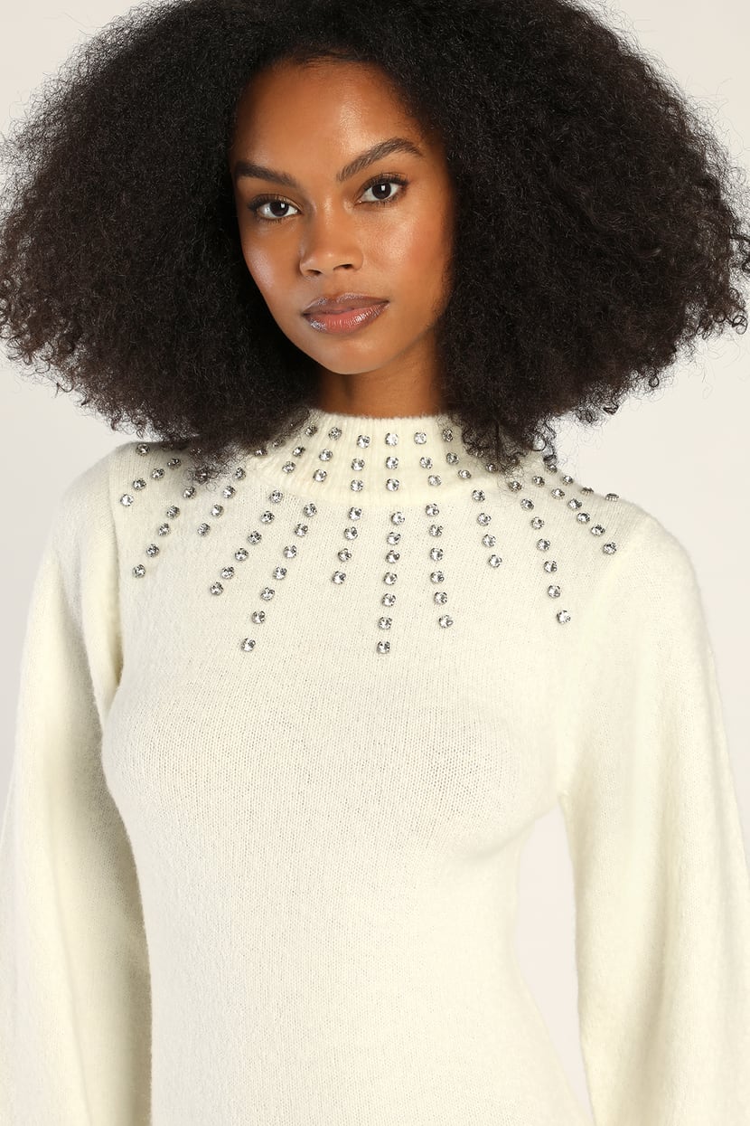 Ivory Sweater Dress - Rhinestone Embellished Dress - Mini Dress - Lulus