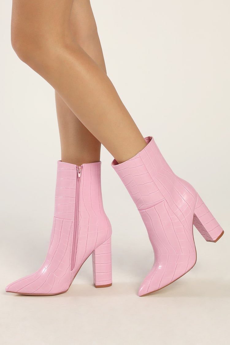 Pink Crocodile-Embossed Boots - Mid-Calf Boots - Trendy Boots - Lulus