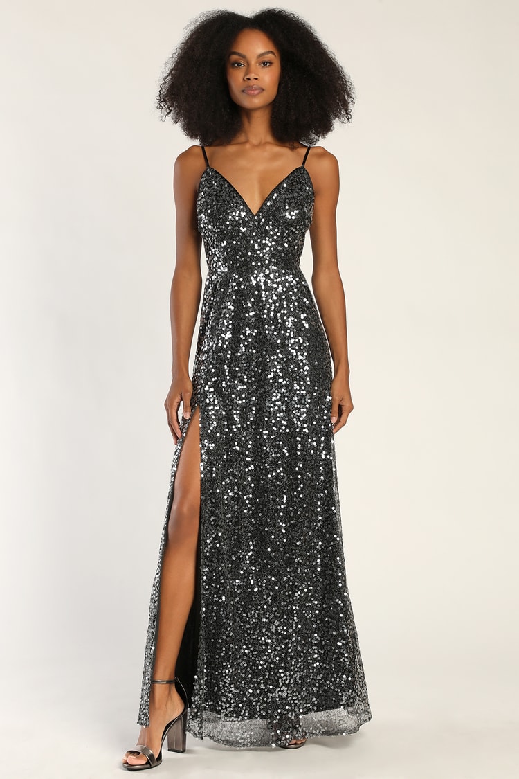 Silver and Black Dress - Sequin Maxi Dress - Sequin Gown - Lulus