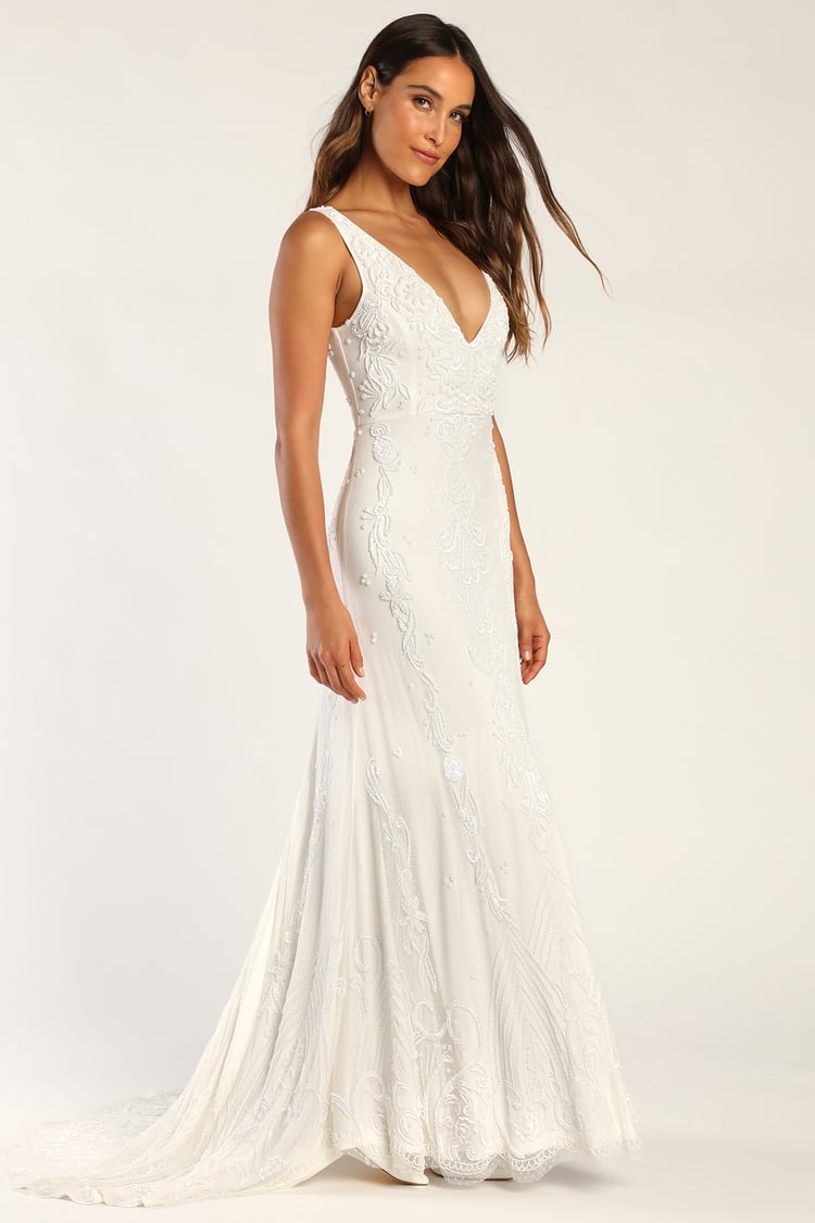 White Beaded Maxi Dress - White Mermaid Maxi Dress - Sequin Gown - Lulus