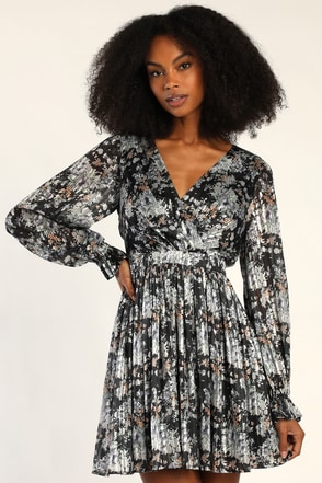 Black Floral Mini Dress - Lurex Floral Dress - Long Sleeve Dress - Lulus