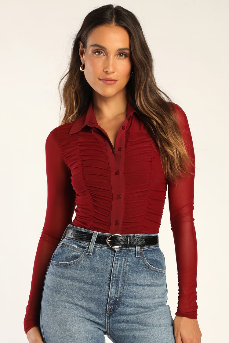 Lush Clothing Ruched Jersey Top Burgundy Burgundy / Small