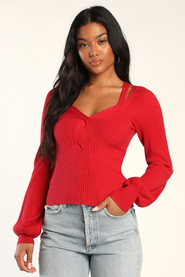 Trendy Red Ribbed Top - Long Sleeve Top - Cutout Top - Lulus
