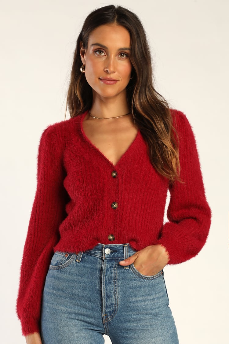 Wine Red Eyelash Knit Sweater - Cardigan Sweater - Cardi - Lulus