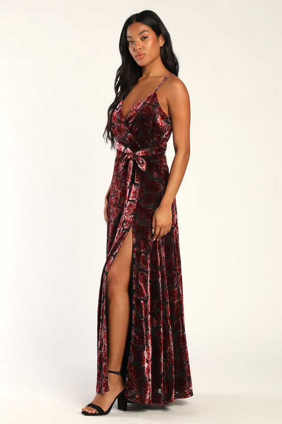 Mauve & Red Maxi Dress - Velvet Burnout Dress - Floral Maxi Dress