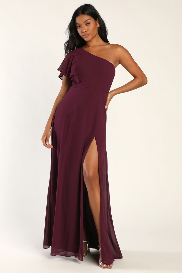 Plum Purple Dress - One-Shoulder Dress- Chiffon Maxi Dress - Lulus