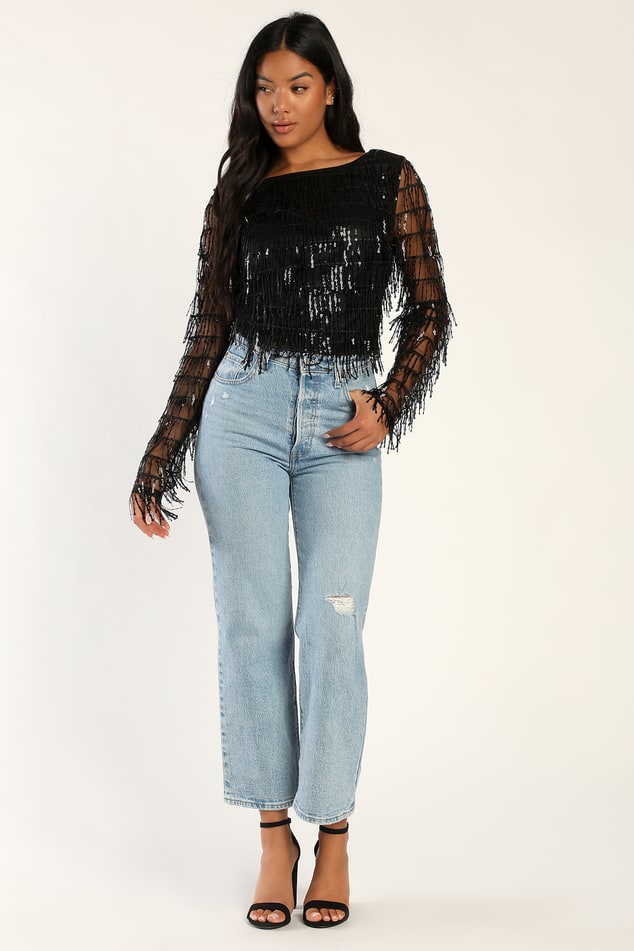 Black Sequin Fringe Long Sleeve Crop Top | Womens | X-Small (Available in S, M, L, XL) | 100% Polyester | Lulus | Dressy Tops | Tops