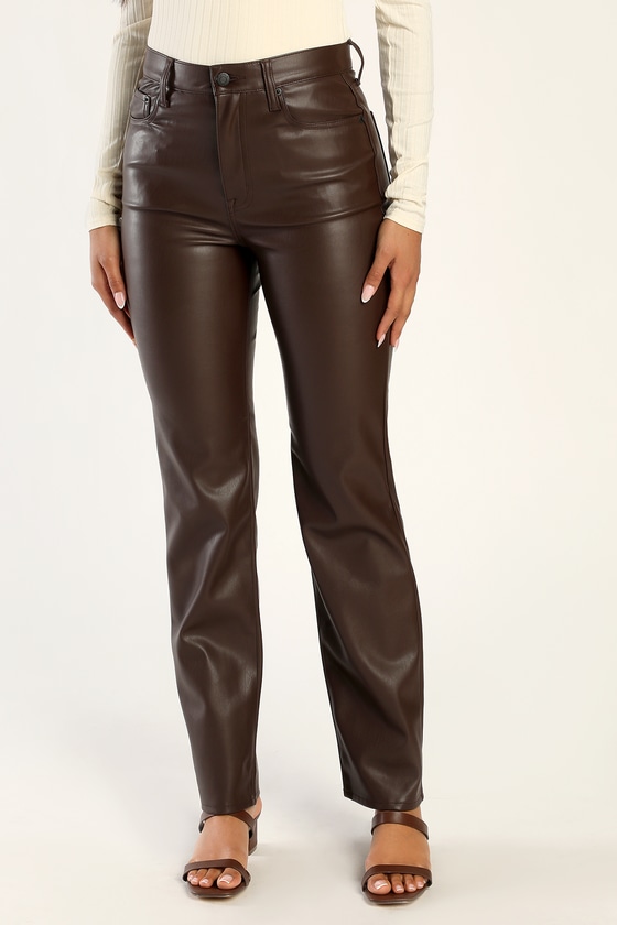 Cassie Chocolate Brown Vegan Leather Straight High-Rise Pants