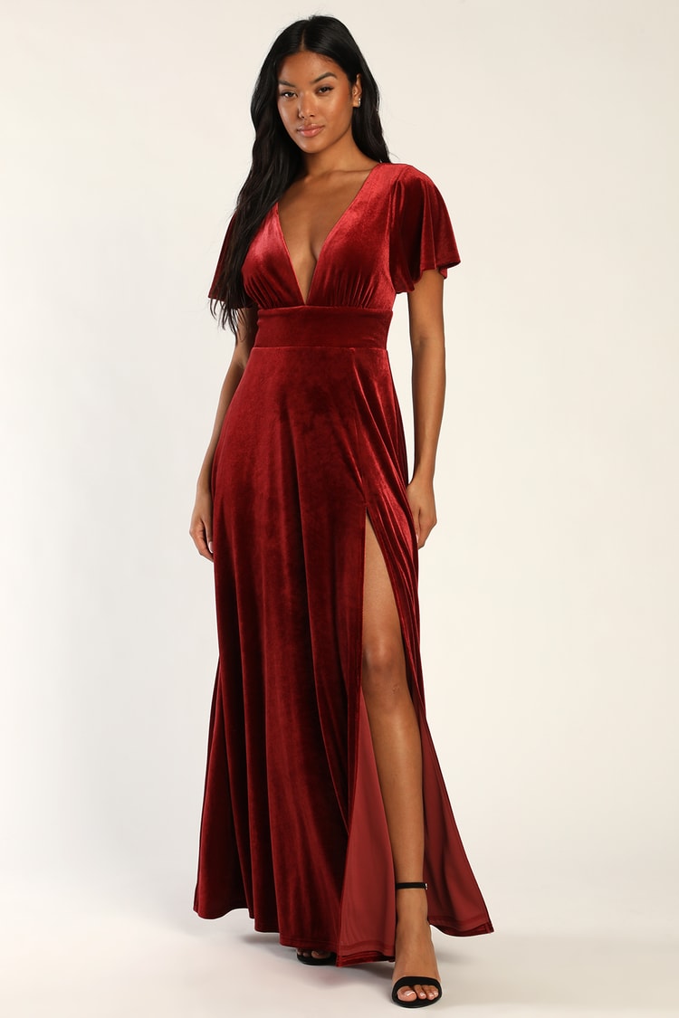 Red Maxi Dress - Velvet Maxi Dress - Flutter Sleeve Dress - Lulus