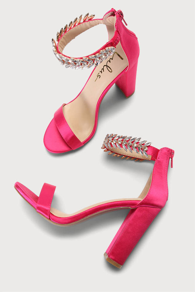 Pink Satin Rhinestone Ankle Strap Heels | Womens | 5.5 (Available in 5) | Lulus