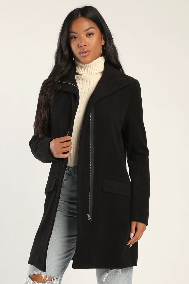 Chic Black Coat - Black Peacoat - Zip-Up Coat - Collared Coat - Lulus