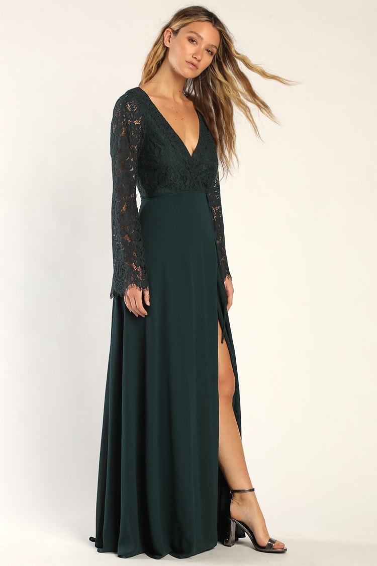 Glam Green Dress - Maxi Dress - Wrap Dress - Long Sleeve Dress - Lulus
