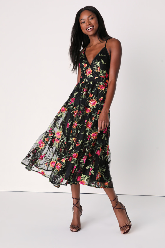 Black Floral Dress - Embroidered Dress - Floral Midi Dress - Lulus