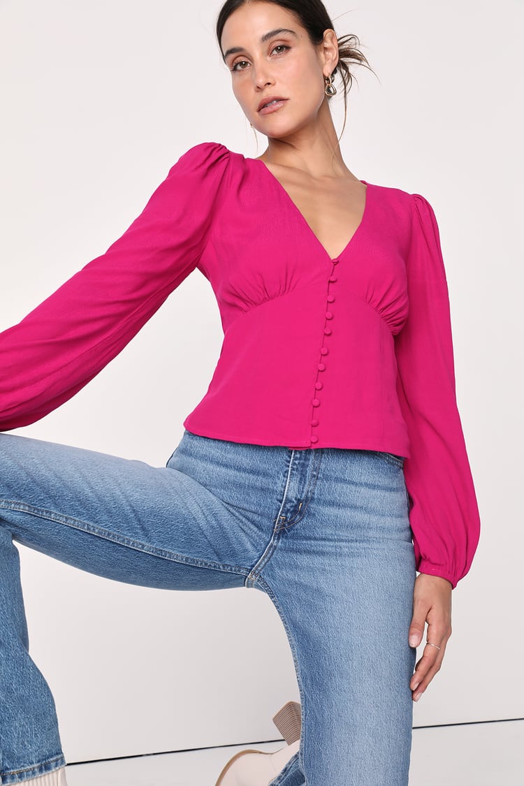 Fuchsia V-Neck Top - Long Sleeve Top - Button Front Top - Lulus