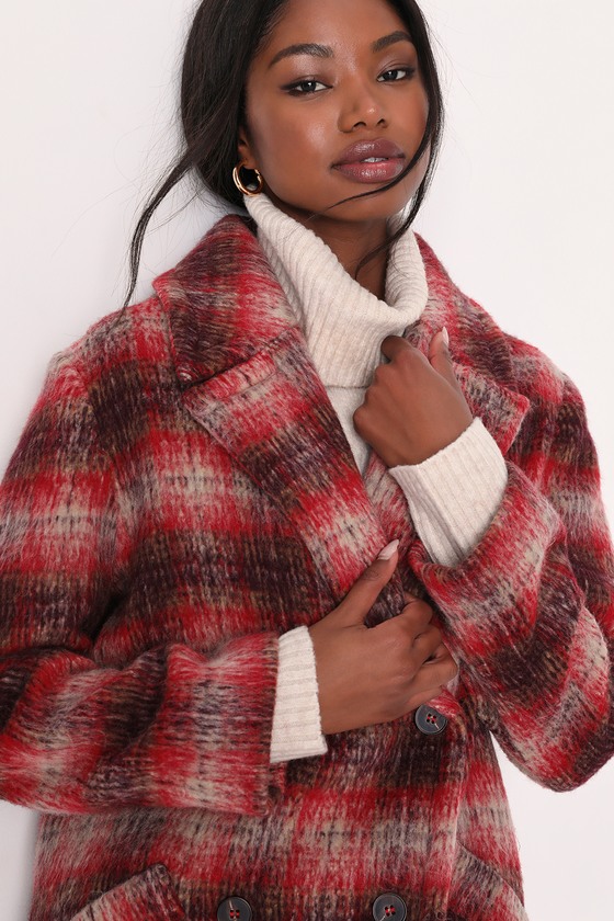 Red Plaid Coat - Brushed Wool Coat - Women's Peacoat - Lulus