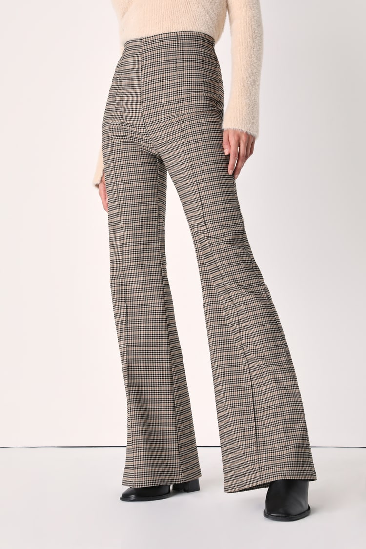 Black & Yellow Plaid Pants - High Waisted Flares - Pull On Pants