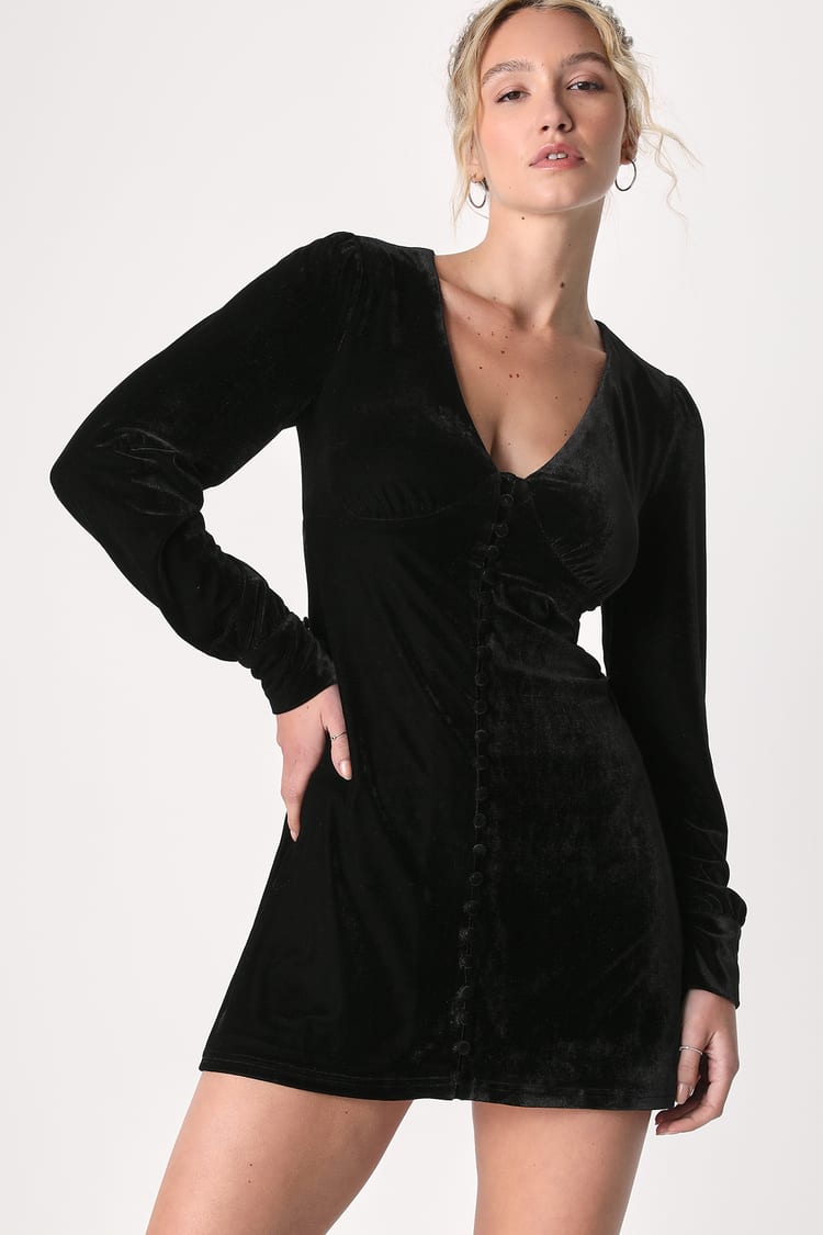 Black Velvet Dress - Long Sleeve Velvet Dress - Velvet Mini Dress - Lulus
