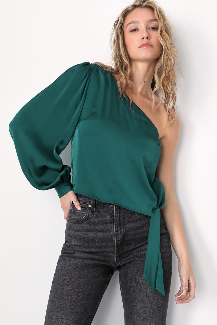 Green One-Shoulder Top - Satin Top - One Blouse
