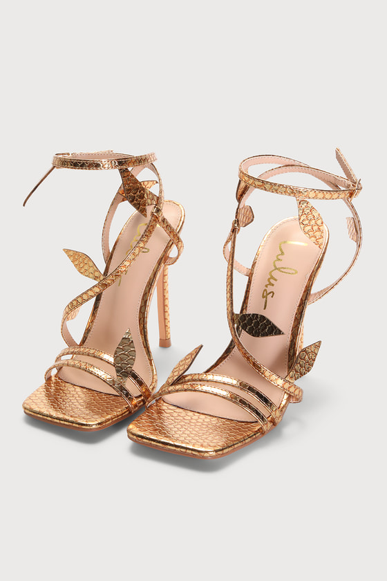 Lulus Briela Gold Snake-embossed Leaf Ankle Strap High Heel Sandal Heels |  ModeSens