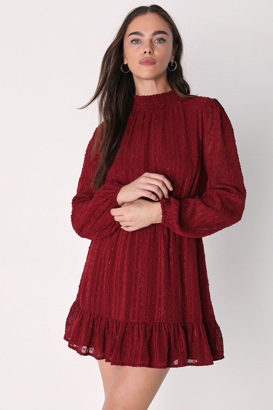 Wine Red Mini Dress - Long Sleeve Mini Dress - Red Lurex Dress - Lulus