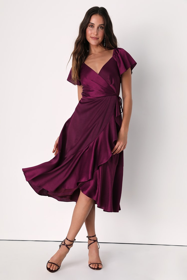 Plum Purple Wrap Dress - Midi Wrap Dress - Ruffled Wrap Dress - Lulus