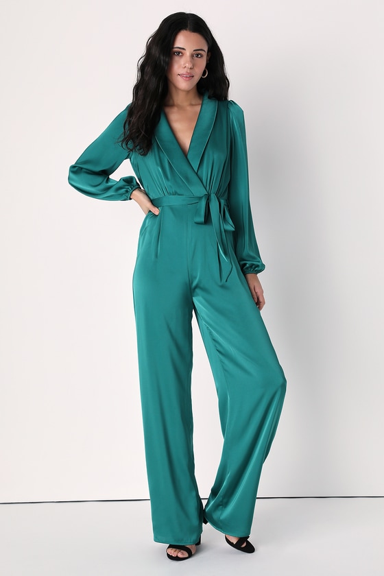 Emerald Green Jumpsuit Satin Jumpsuit Wide Leg Jumpsuit Lulus