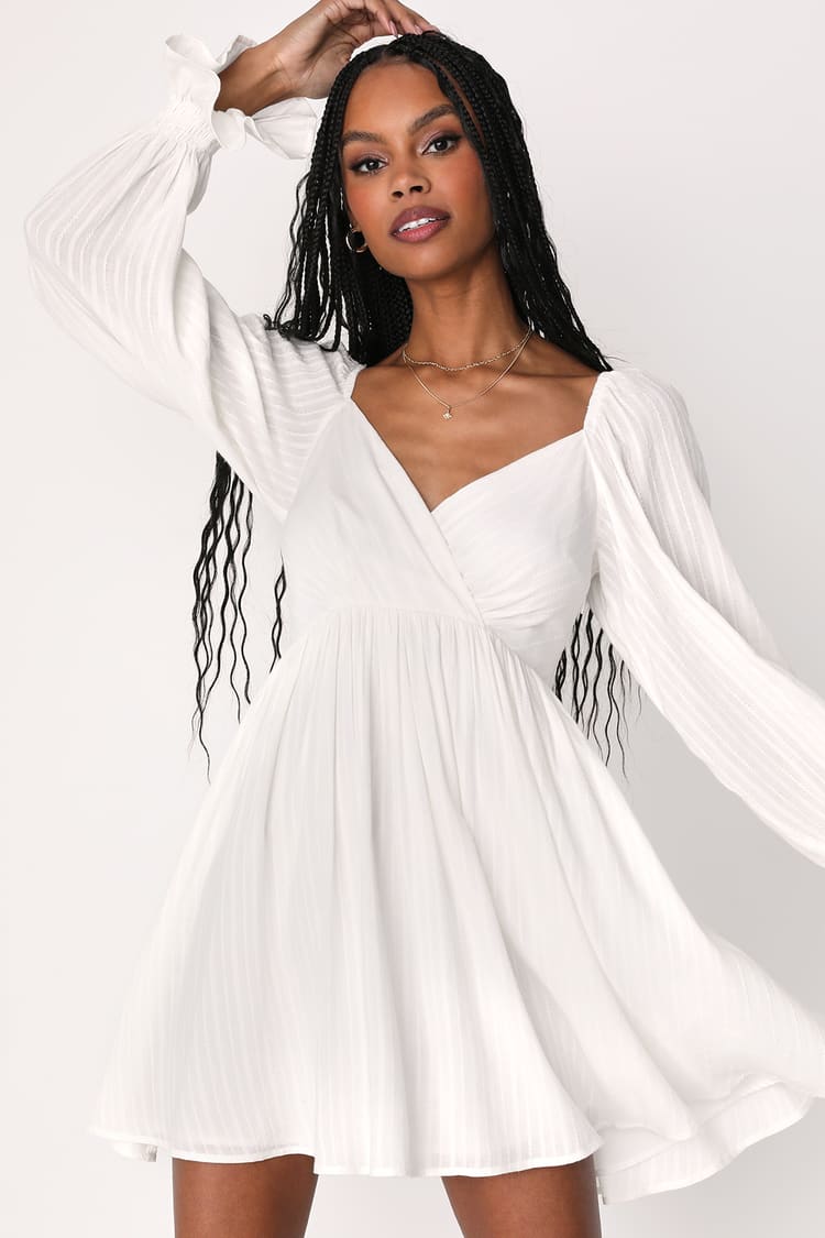 White Embroidered Dress - Long Sleeve Mini Dress - Skater Dress - Lulus