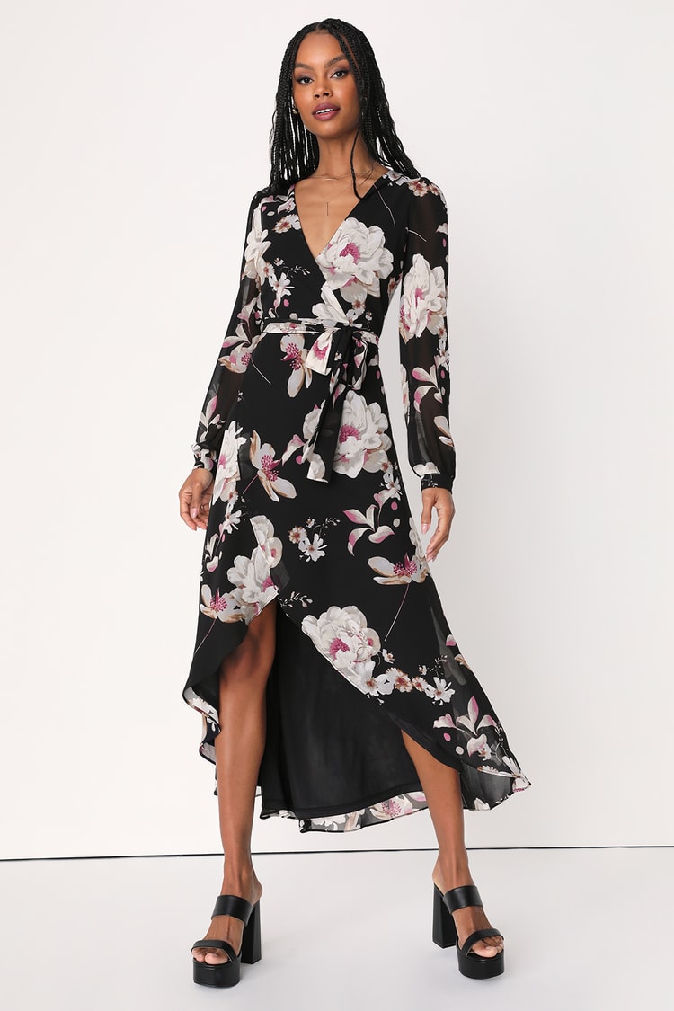 Floral High-Low Dress - Wrap Dress - Black Floral Print Dress - Lulus