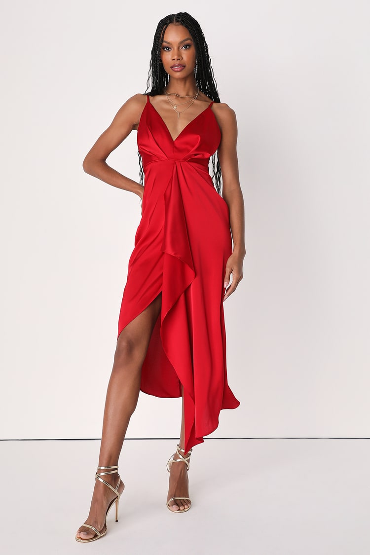 Red Midi Dress - Satin Midi Dress - Ruffled Midi Dress - Lulus