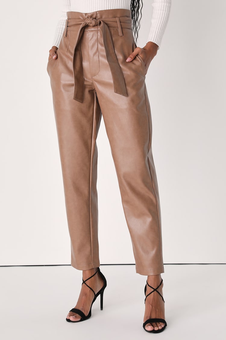 Tan Trouser Pants - Vegan Leather Pants - Paperbag Waist Pants - Lulus