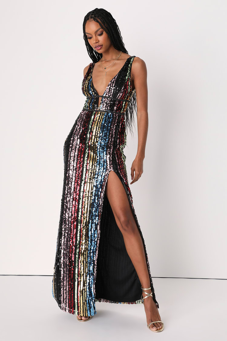 Black Multicolored Dress - Striped Sequin Dress - Sequin Maxi - Lulus