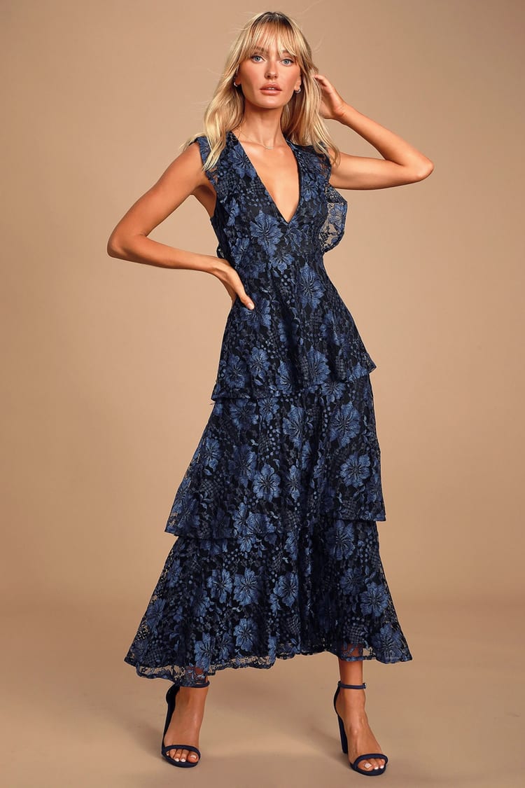 Lovely Navy Blue Dress - Lace Dress - Maxi Dress - Tiered Maxi - Lulus